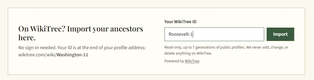 The WikiTree import box on treealive.com with Roosevelt-1 typed into the ID field