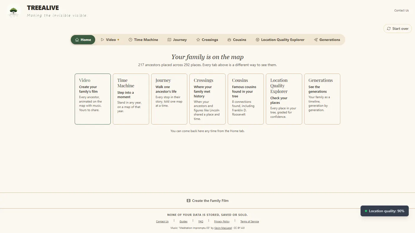The TreeAlive home hub for the Roosevelt tree showing 217 ancestors placed across 292 places and seven view tabs