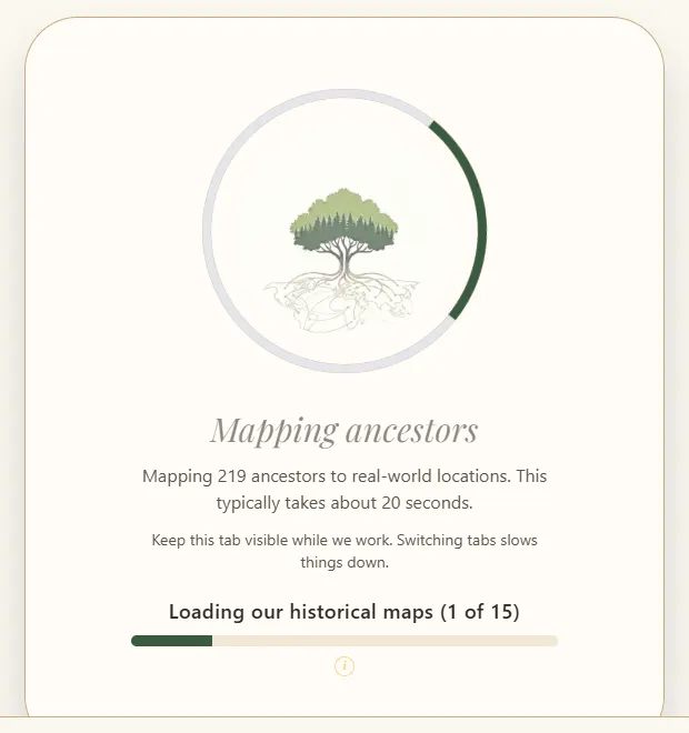 The Mapping ancestors progress screen while 219 ancestors are placed on the map