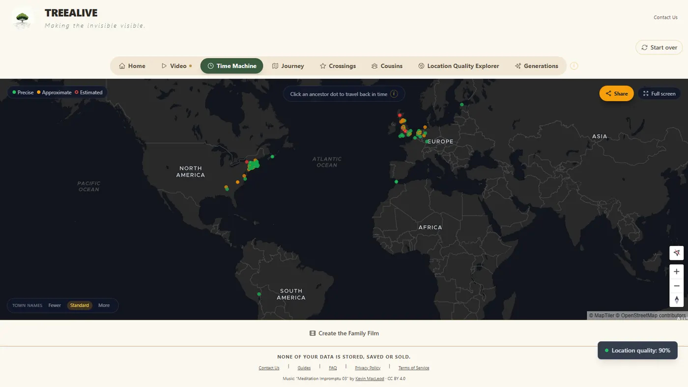 The Time Machine tab showing the Roosevelt tree's places clustered in North America and northwestern Europe