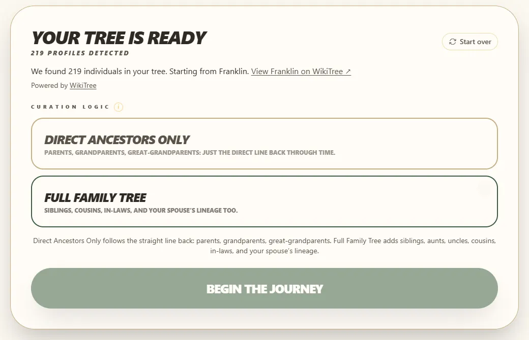 The Your Tree Is Ready screen showing 219 profiles detected, the Full Family Tree option selected, and the Begin the Journey button